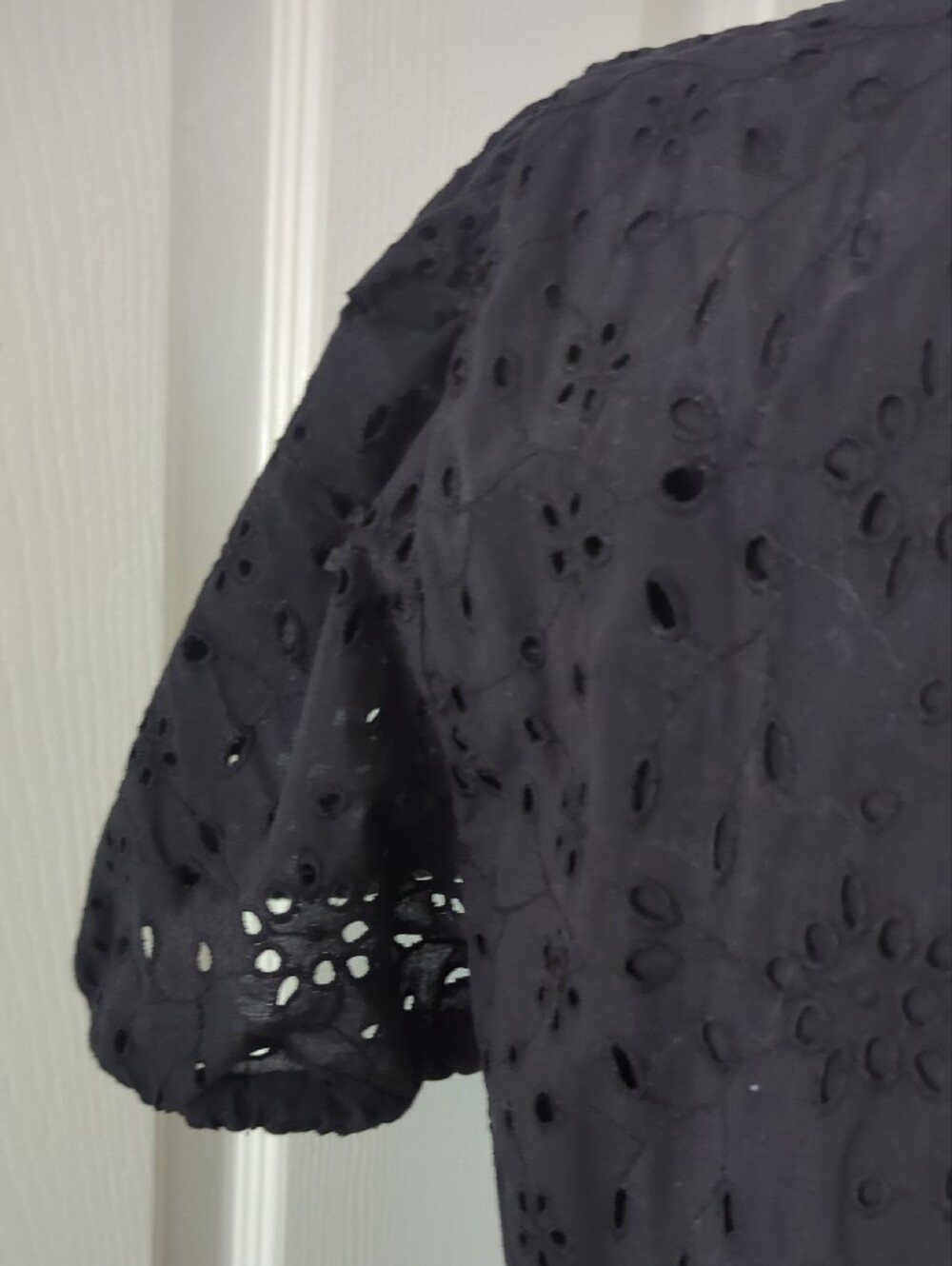 J. Crew Black Eyelet Midi Dress with Puff Sleeves and V-Notch - Picture 5 of 8